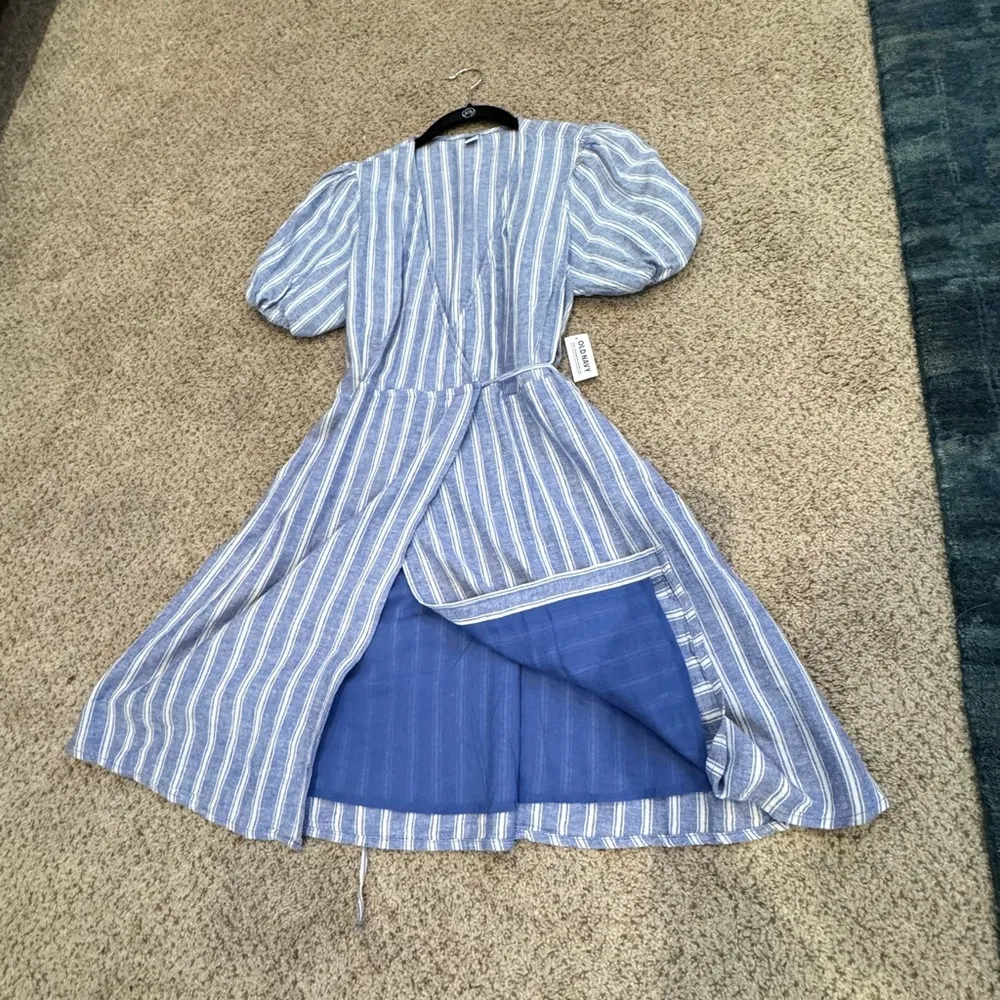 NEW Old Navy Blue Striped Linen Effortless Denim Puff Sleeve Coastal Wrap Stripe - Image 4