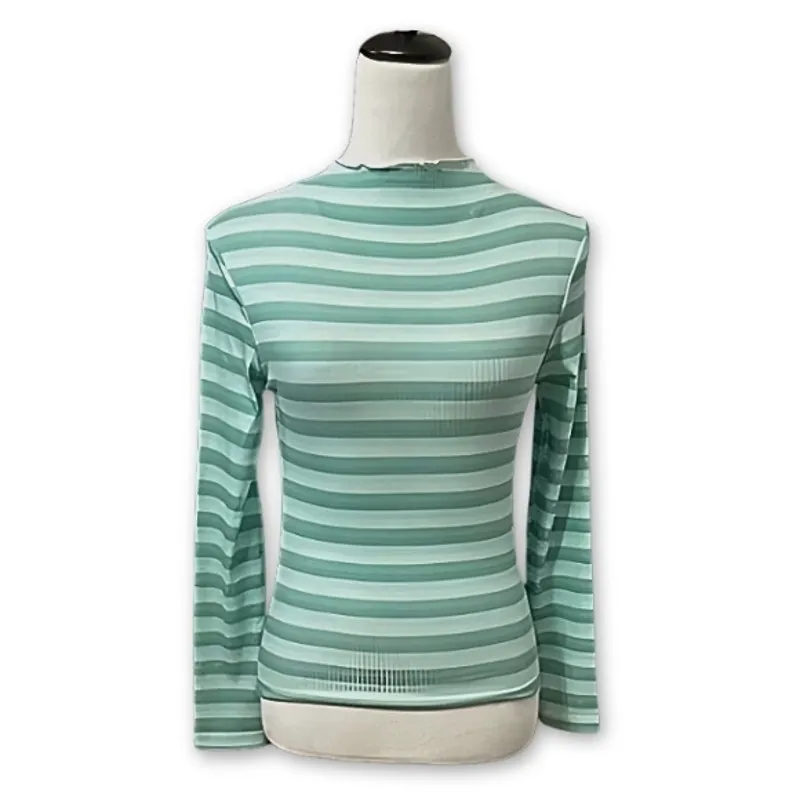Cali Be Casual Top Long Sleeve Mock Neck Lettuce Edge Ribbed Stripe Blue M NWOT Size M - Image 2