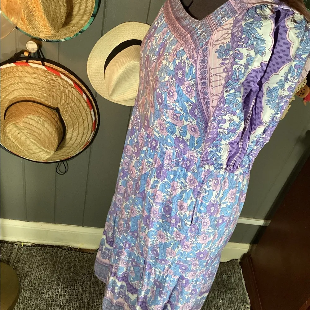 THML Purple Pink Square Neck Tropical Flamingo Floral Midi Dress Large - Image 7