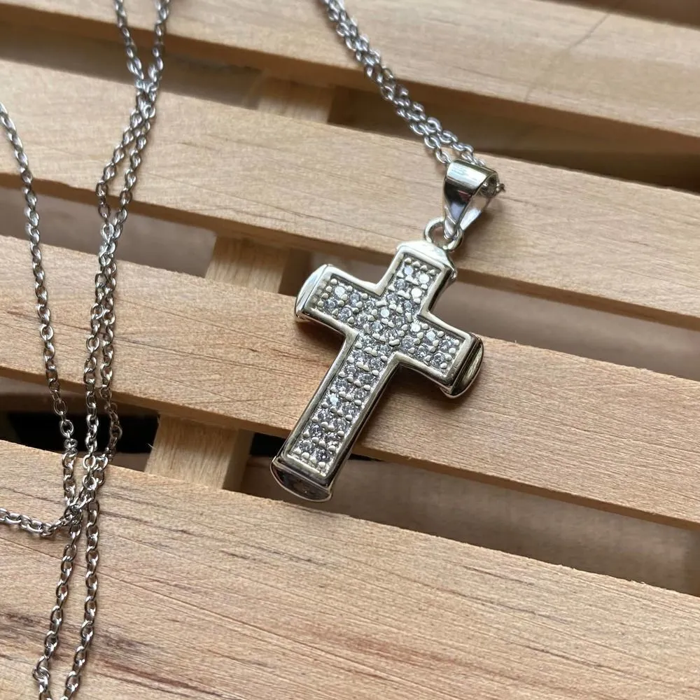 Sterling Silver Micro Pave Cz Cross Pendant On Stainless Steel Chain Silver - Image 2