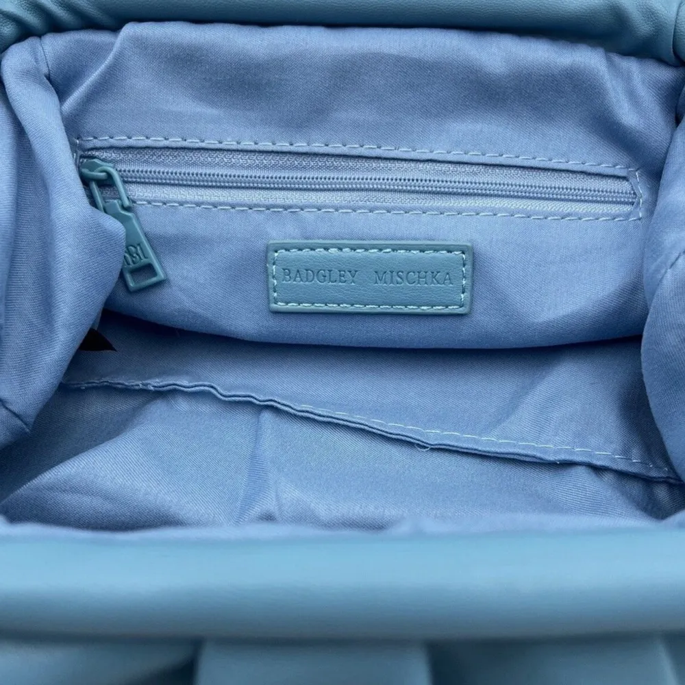 New BADGLEY MISCHKA Vegan Ruched Convertible Clutch with removable chain; Blue - Image 5