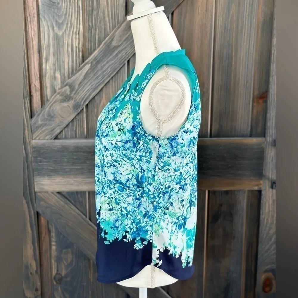 New York & Company Blouse Ombre Floral Pattern Pleated Neckline Zip Up Blue XS‎ - Image 3