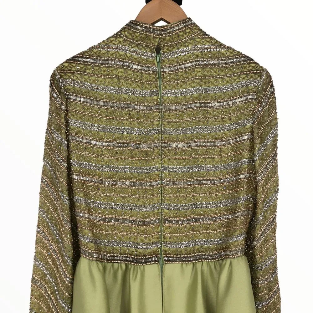 60’s Vintage Victoria Royal Avocado Green Beaded Bodice Gown with Bow - Image 7