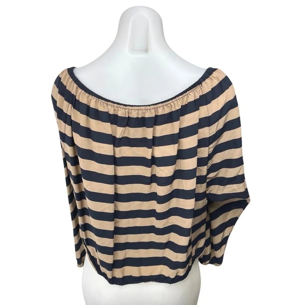 BCBGMAXAZRIA Black Tan Striped 100% Silk Boat Neck Long Sleeve Blouse Top Sz XS - Image 3