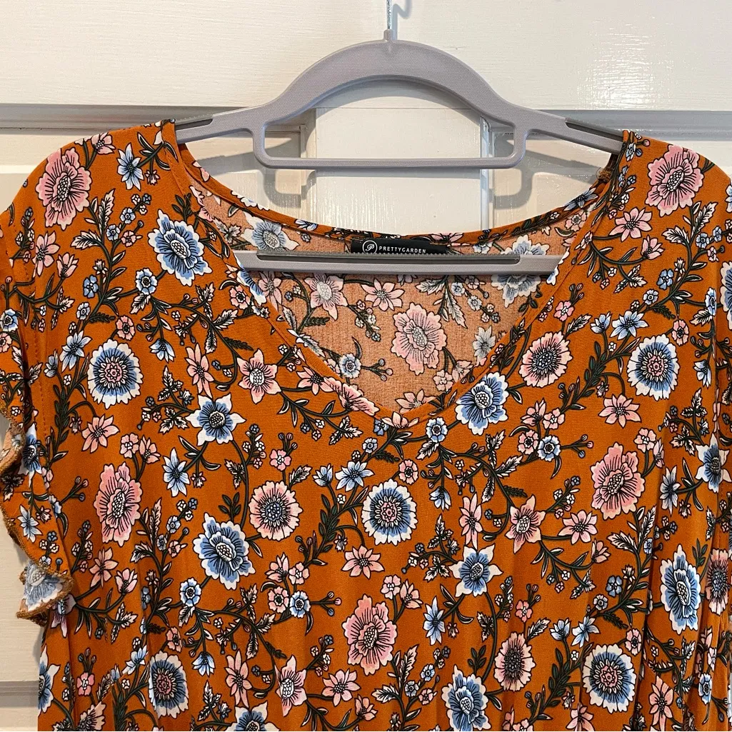 PrettyGarden Ruffle Cap Sleeve Floral Hi-Low‎ Maxi Dress Brown Size XXL (18) - Image 3