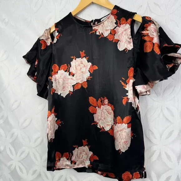 Ganni Cold Shoulder Floral Satin Ruffle‎ Sleeve Blouse Size XS - Image 3
