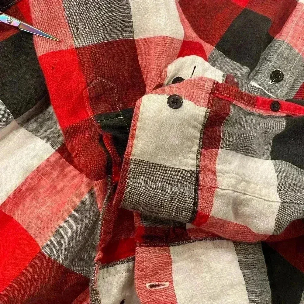 Lauren Ralph Lauren Black Red Plaid 100% Linen Button Down Long Sleeve Size M - Image 11