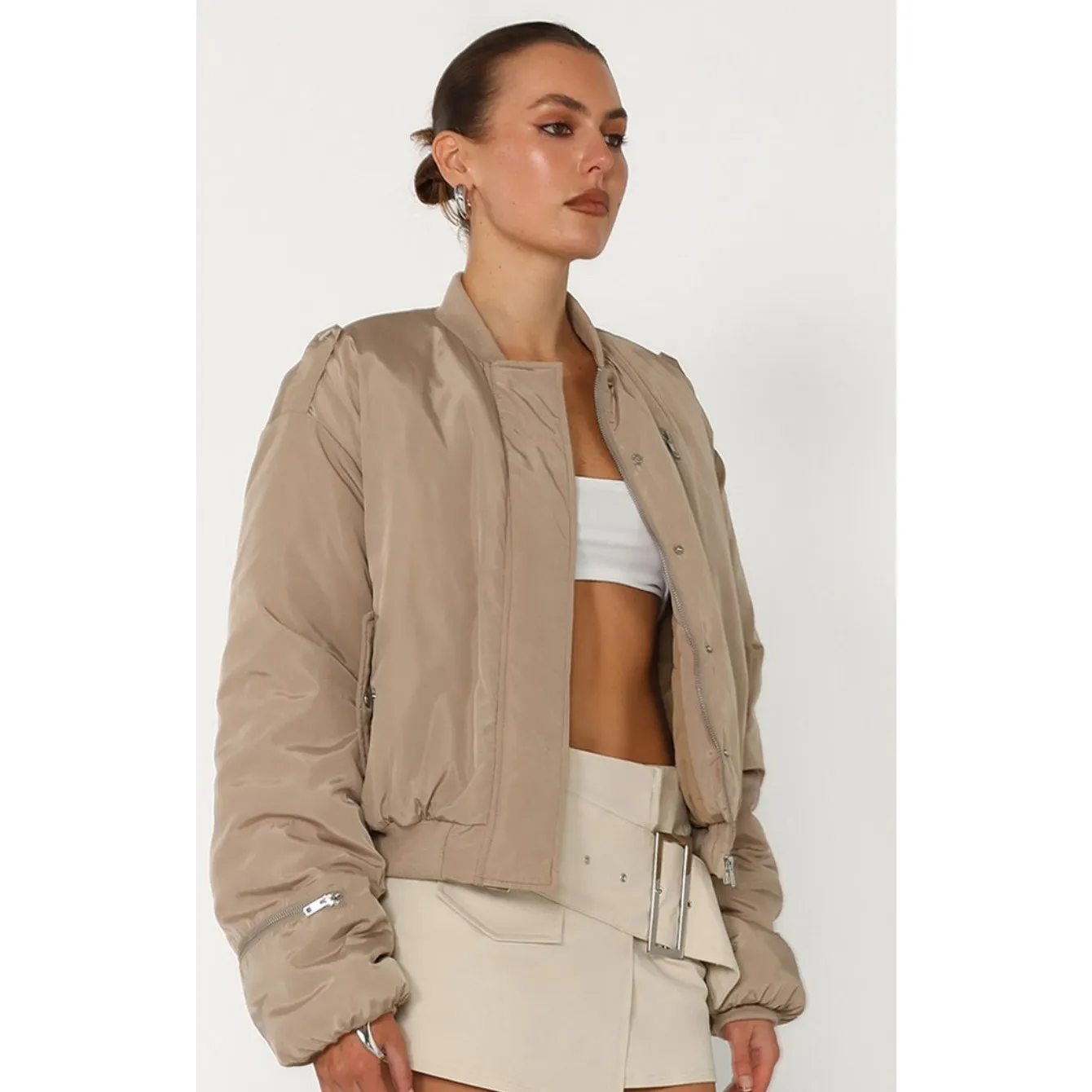 BY.DYLN Kai Bomber Jacket in Mushroom. Size M. Tan Size M - Image 3