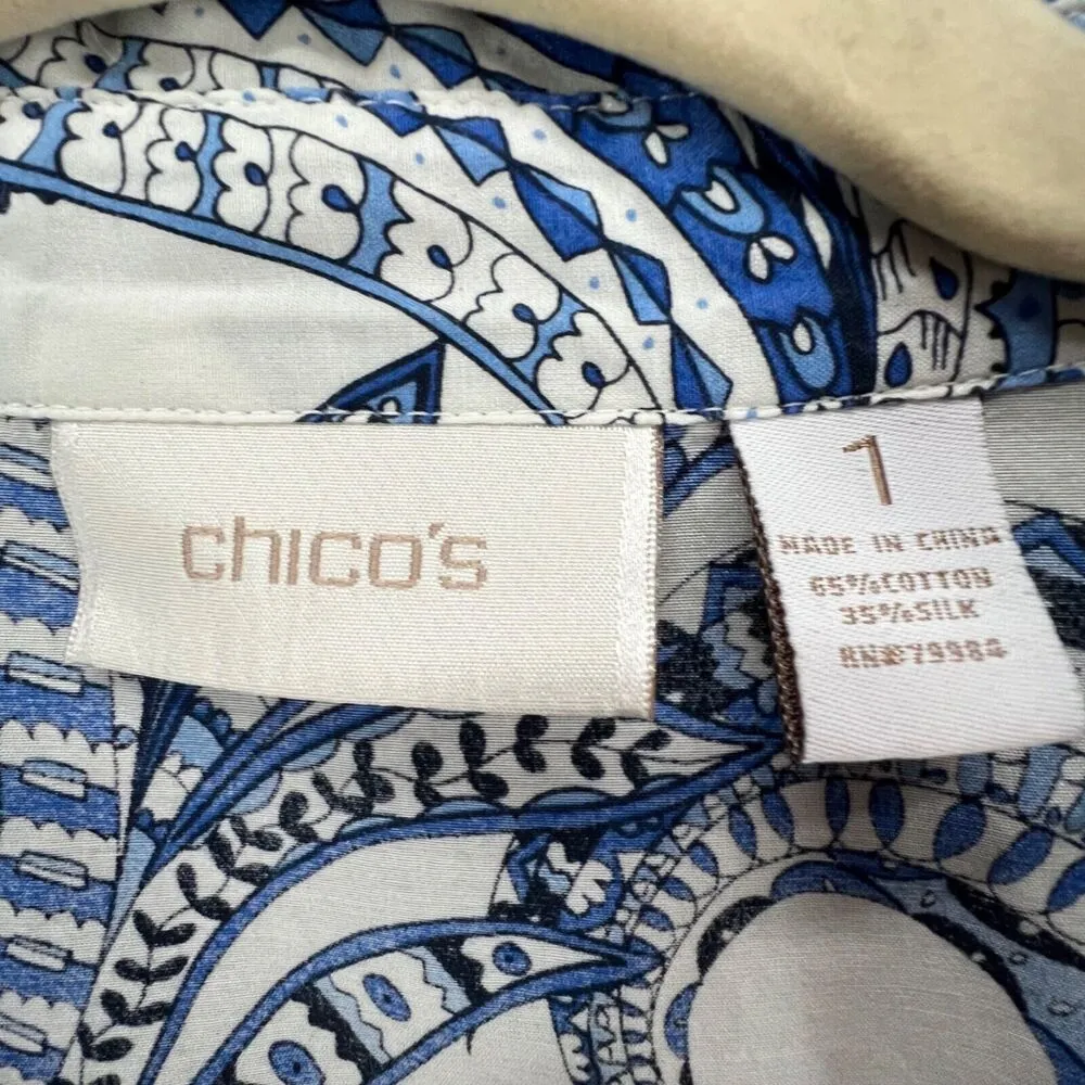 Chicos Blouse Womens US M Blue White Paisley Cotton Silk Button 3/4 Retro Boho - Image 10