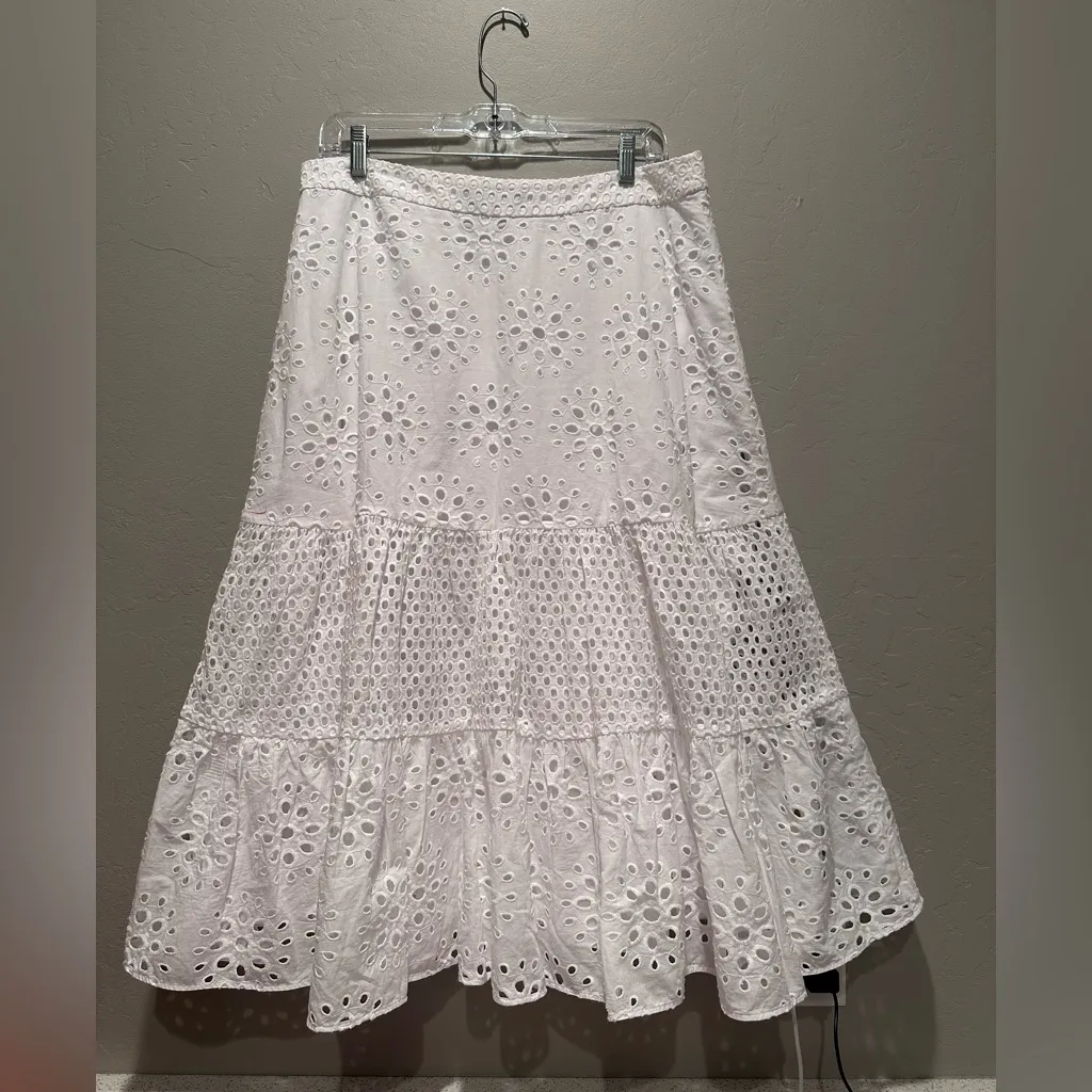 Talbots Eyelet Tiered Midi Skirt‎ White Floral 100% Cotton Sz 12 - Image 3