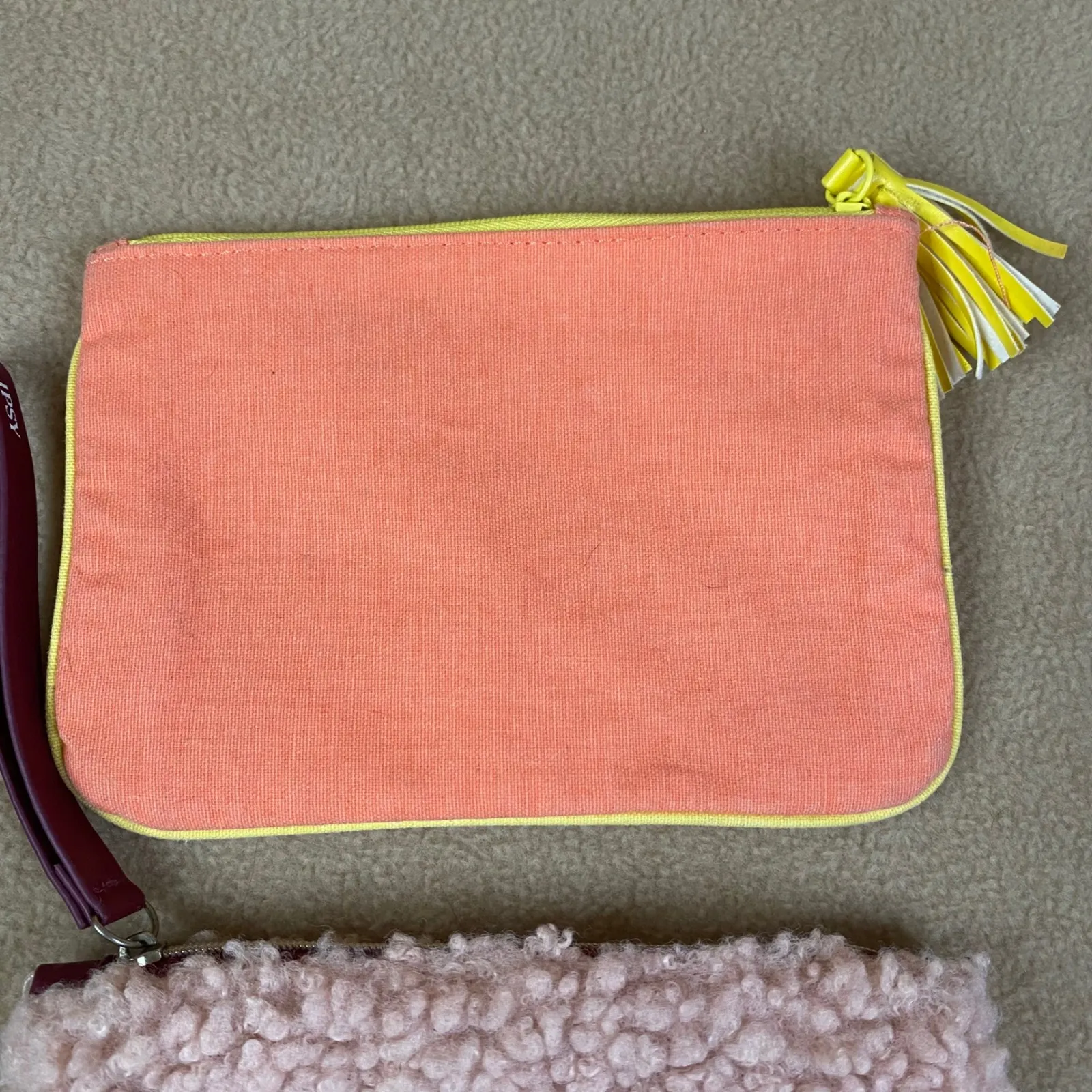 IPSY Makeup Bags Set‎ of 2 Orange Canvas Pink Sherpa Wristlet Pouch Cosmetic GUC - Image 6