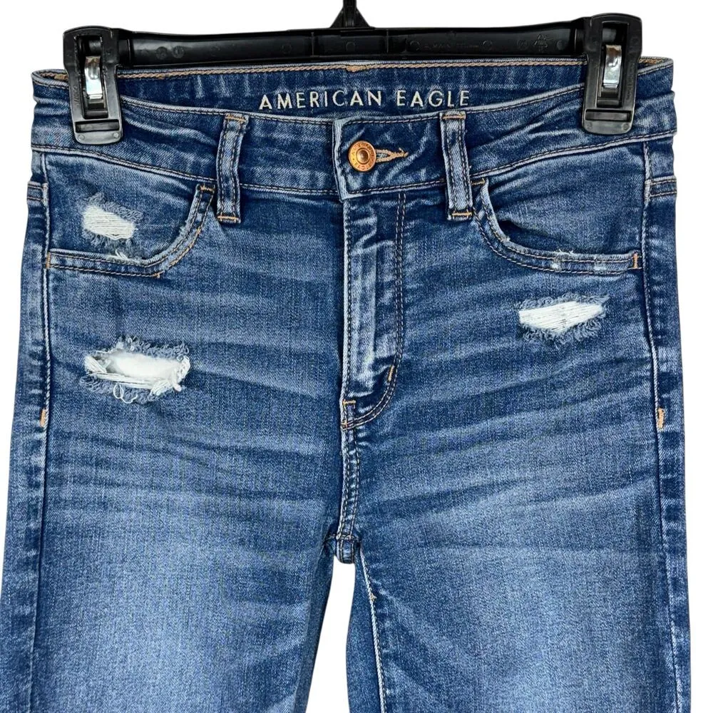 American Eagle SZ 2 LONG Hi-Rise Jeggings Jeans Distressed Rips Stretch Zip-Fly - Image 2