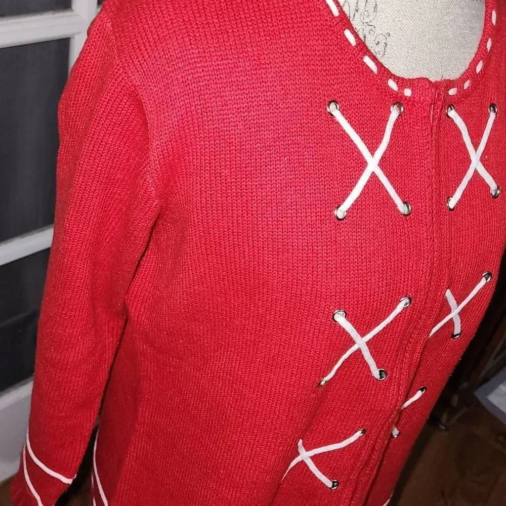 Storybook Knits Womens Red White‎ Nantucket Shore Full Zip Cardigan Sweater Med Red - Image 3