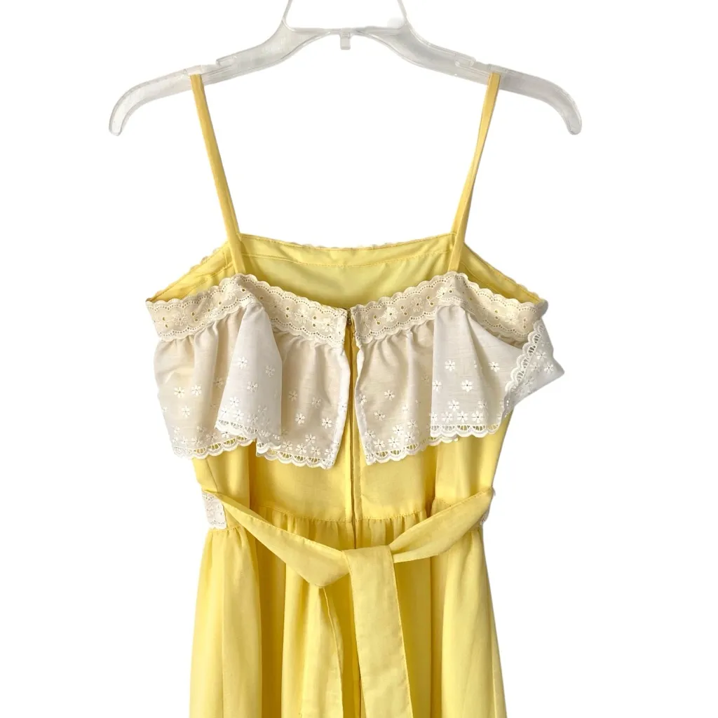Vintage Handmade Boho Yellow White Lace Trim Ruffle Maxi Dress size small - Image 5