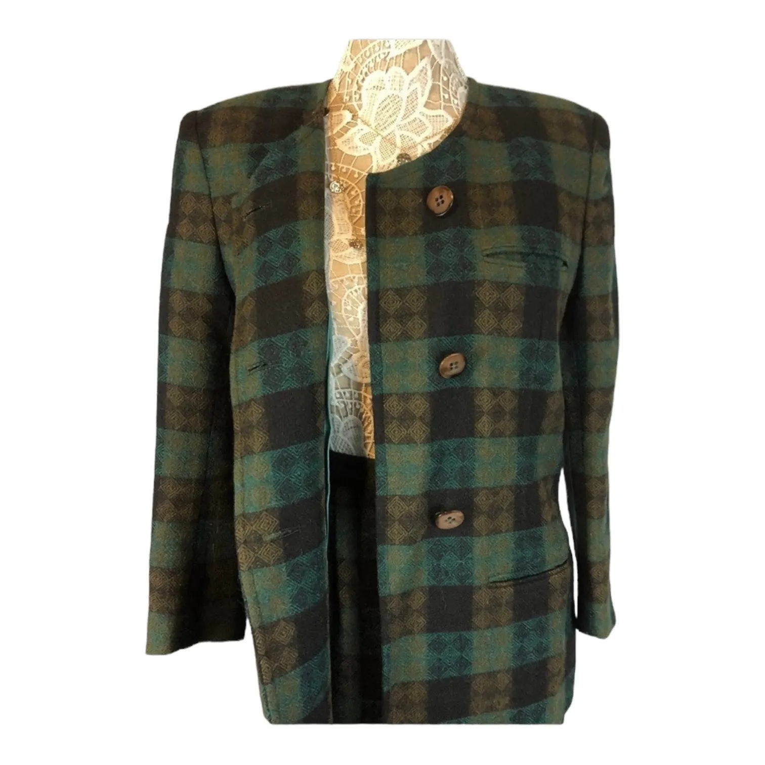Vintage 1960s Henry White Dublin Alpaca Wool Plaid Skirt Suit Set medium Green Size 10 - Image 7