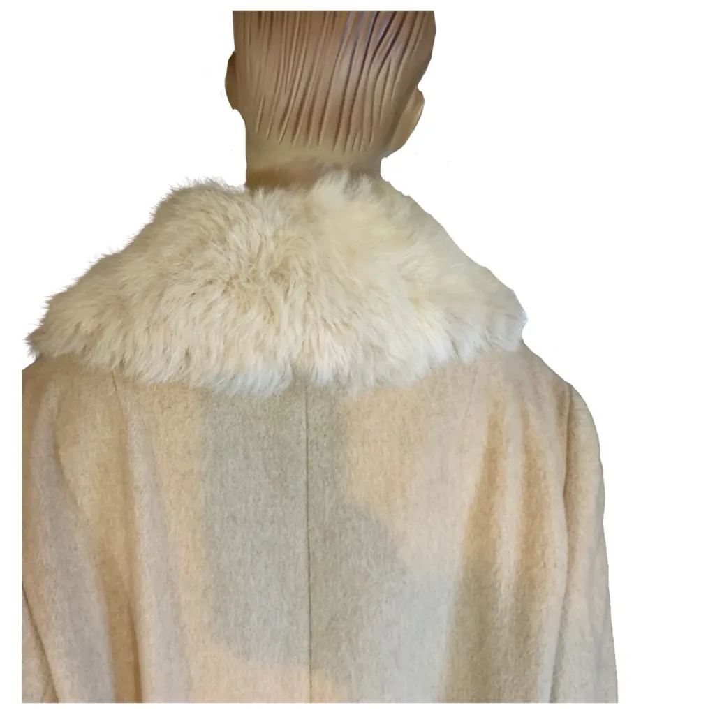 VINTAGE 1980'S PRIME SOURCE NY BEIGE & CREAM WOOL & RABBIT FUR COLLAR COAT (L) Size L - Image 7