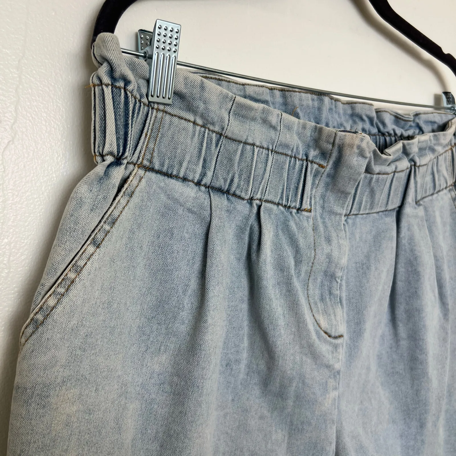 Skies Are Blue Denim Paperbag Waist Shorts Light Wash Soft Stretch Casual Summer - Image 3