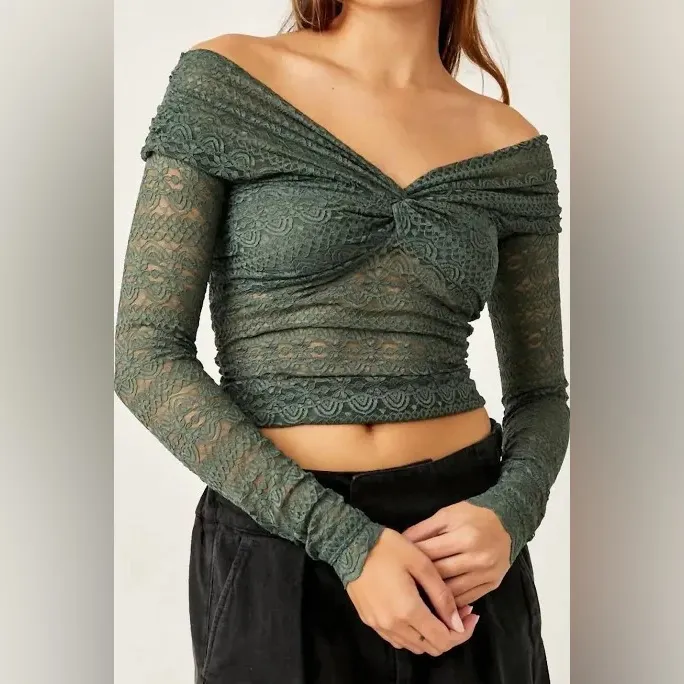 Free People Hold Me Closer Sage Green Lace Long Sleeve Top - Image 12