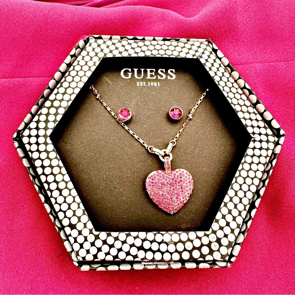 GUESS 2-Pc. Set Heart Necklace & Stone Stud Earrings - Image 3