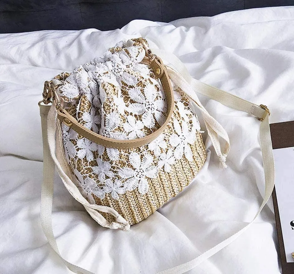 Exquisite Beach Clutch Purse Bag Bucket Bag Lace Handmade Straw Woven Sling Handbag Shoulder Crossbody Bag for Women, Beige, One Size - Image 3