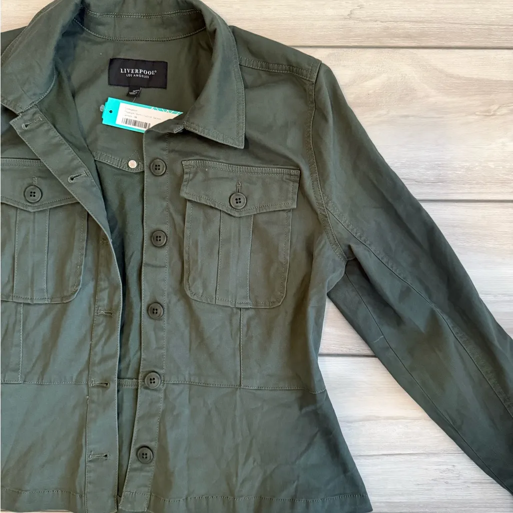 Liverpool Trucker Jacket With Peplum Hem Green Medium NWT STITCH FIX - Image 5