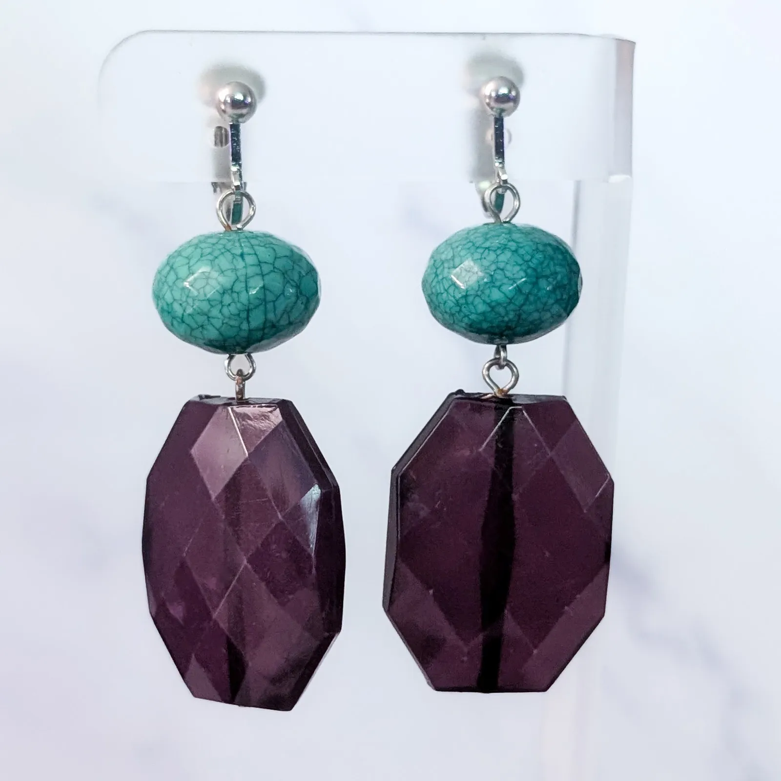 Vintage Clip On Earrings Dark Purple & Turquoise Tone Large Chunky Dangle - Image 2