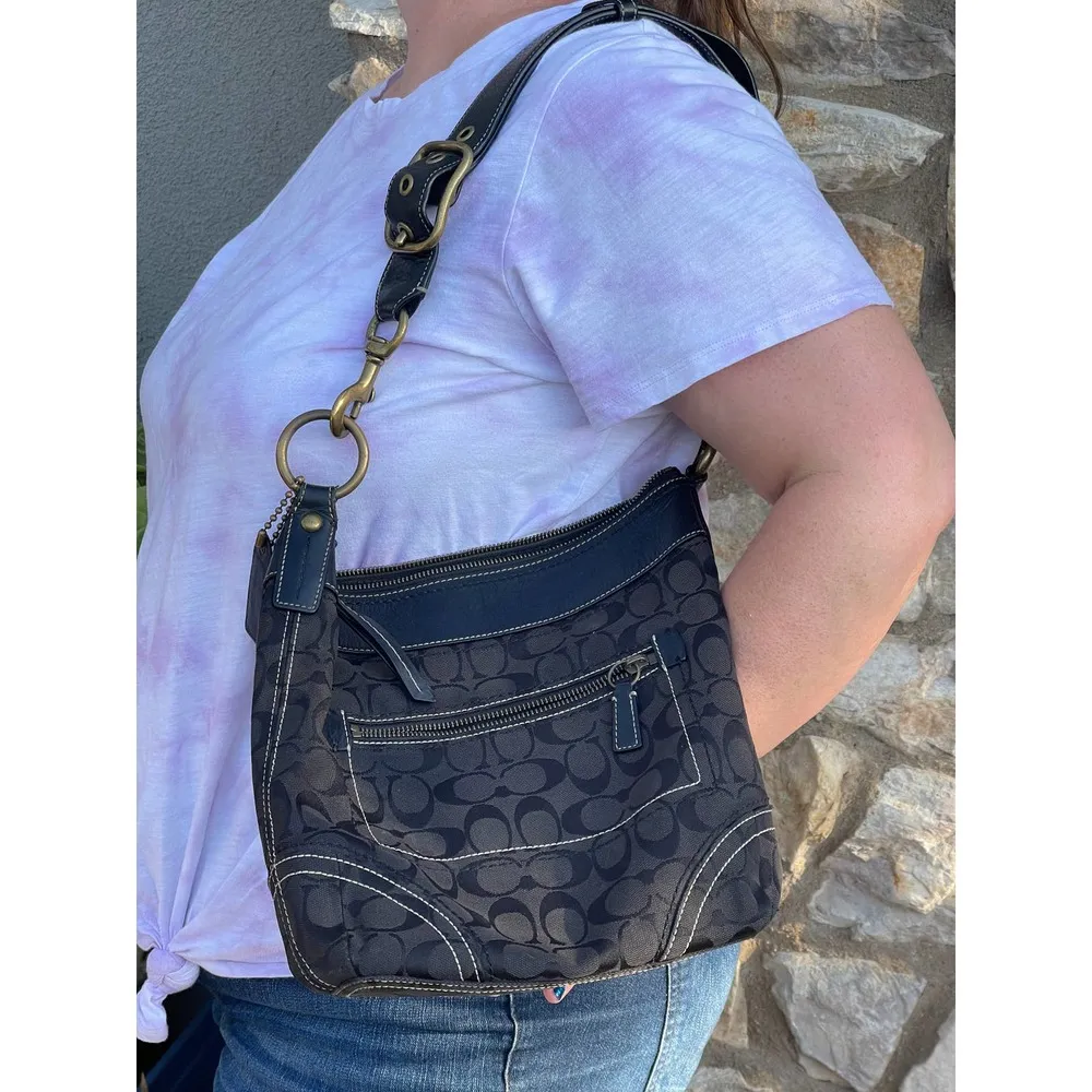 Coach #10403 purse black signature logo jacquard bronze hardware - Image 11