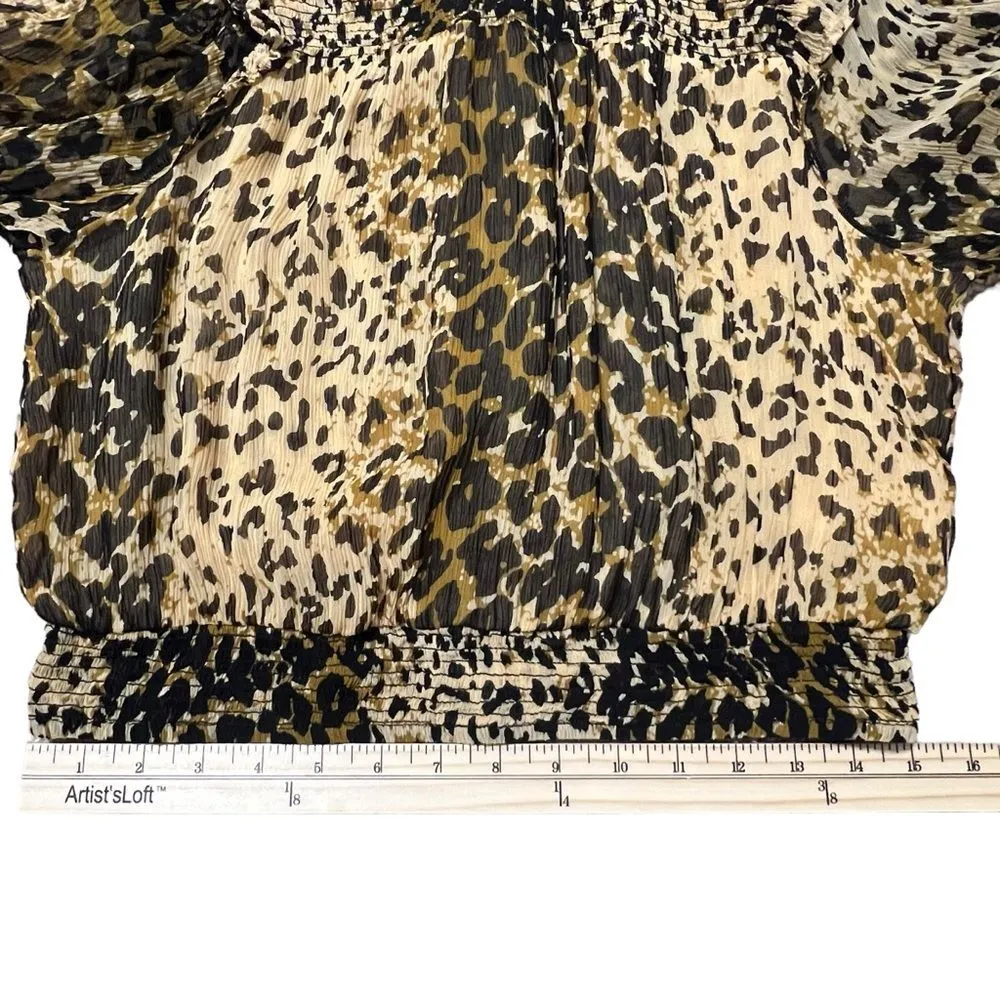 Free People Roma Leopard Print Blouse XS Smocked Ruffle Bohemian Romantic - Image 9