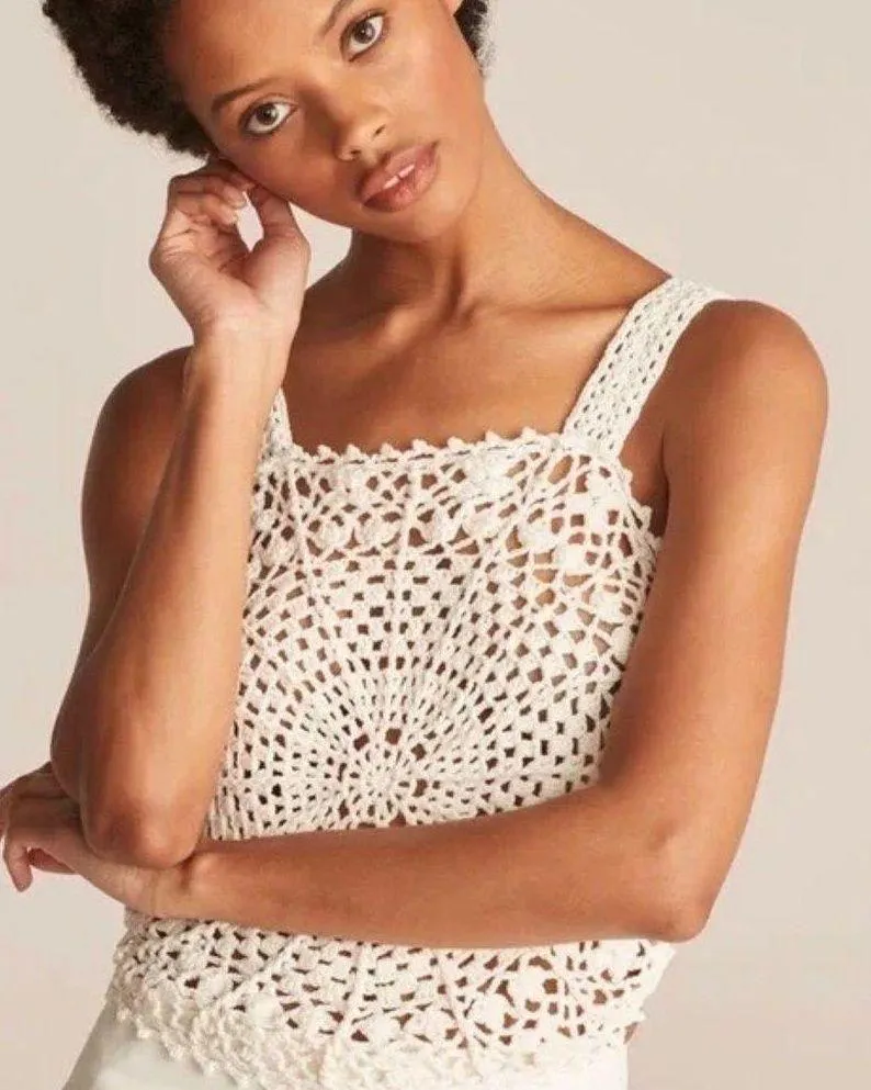 Rebecca Taylor “Crochet Doily” white moonstone open knit tank top Size … - Image 1