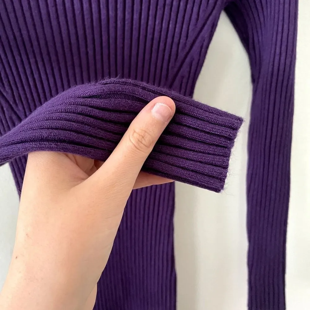 Purple knit sweater dress ribbed classic fitted winter warm dress long sleeves - Image 3