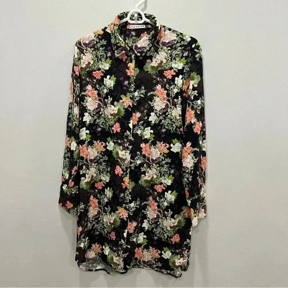 Alice + Olivia Floral Print Longline Button Down Viscose‎ Shirt sz L - Image 2