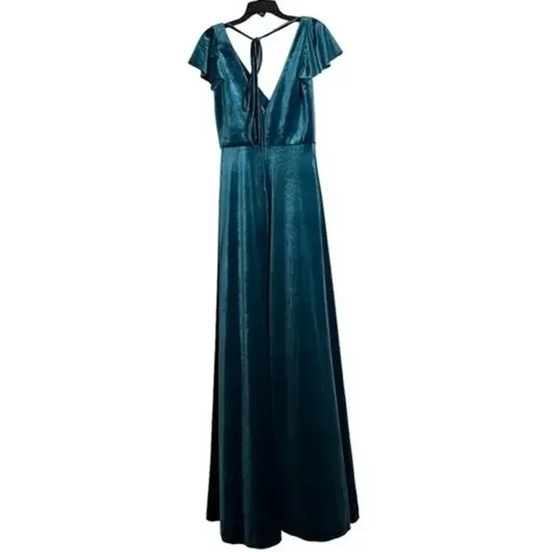 NWT After Six Lux Velvet Flutter Sleeve V Neck Maxi Dress Pockets 6 Dutch Blue - Image 13