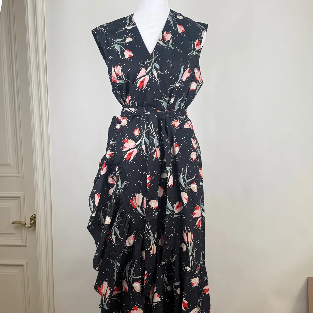 Rebecca Taylor Ikat Tulip Wrap Dress Tie Waist Black Floral Poplin Ruffles Sz 12 - Image 3