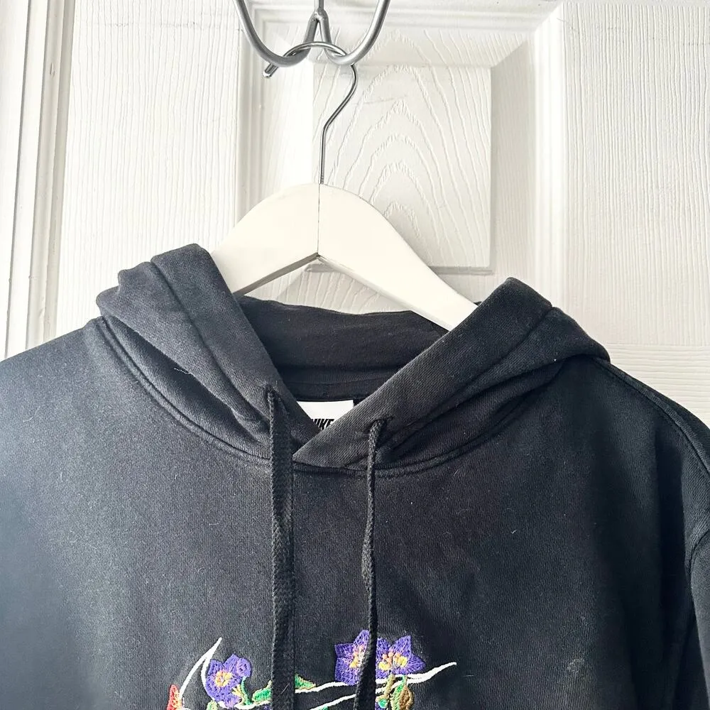 Nike Black Logo Twist Embroidered Floral Swoosh Hoodie Sweatshirt Women Small - Image 3