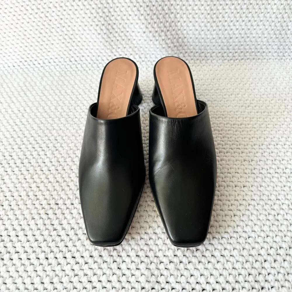 Max & Co. NIB Black Leather Acromino Square Pointed Toe Round Block Heel Mules 7 - Image 3