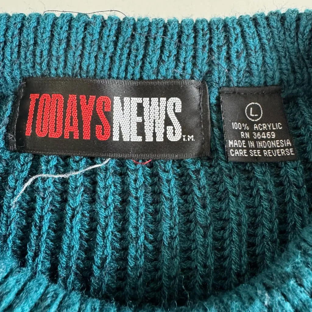 Vintage Today’s News Heather Teal Blue Crewneck Shaker Knit Sweater Size Large - Image 5