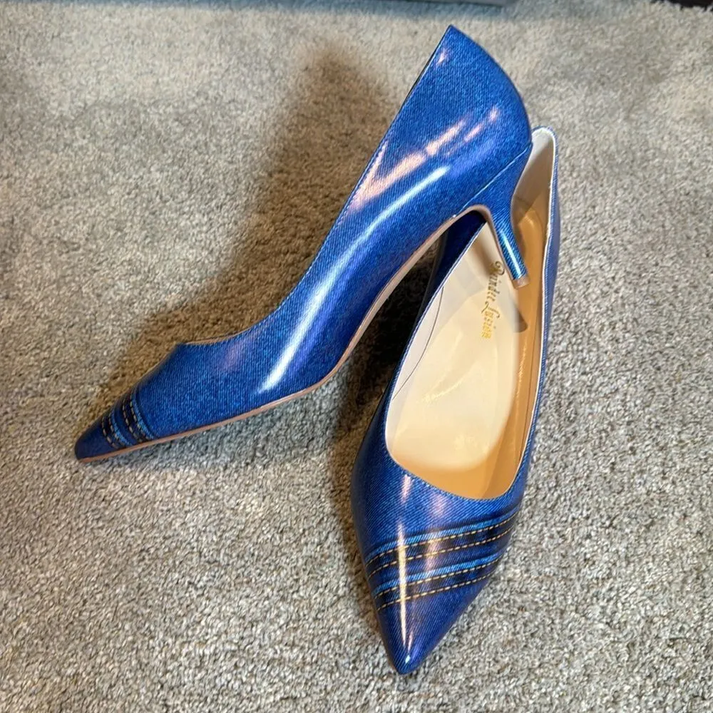 Women’s Reindee Lusion Blue Kitty Heel Pointed Toe Shoes Denim Look Size 11 NEW - Image 11