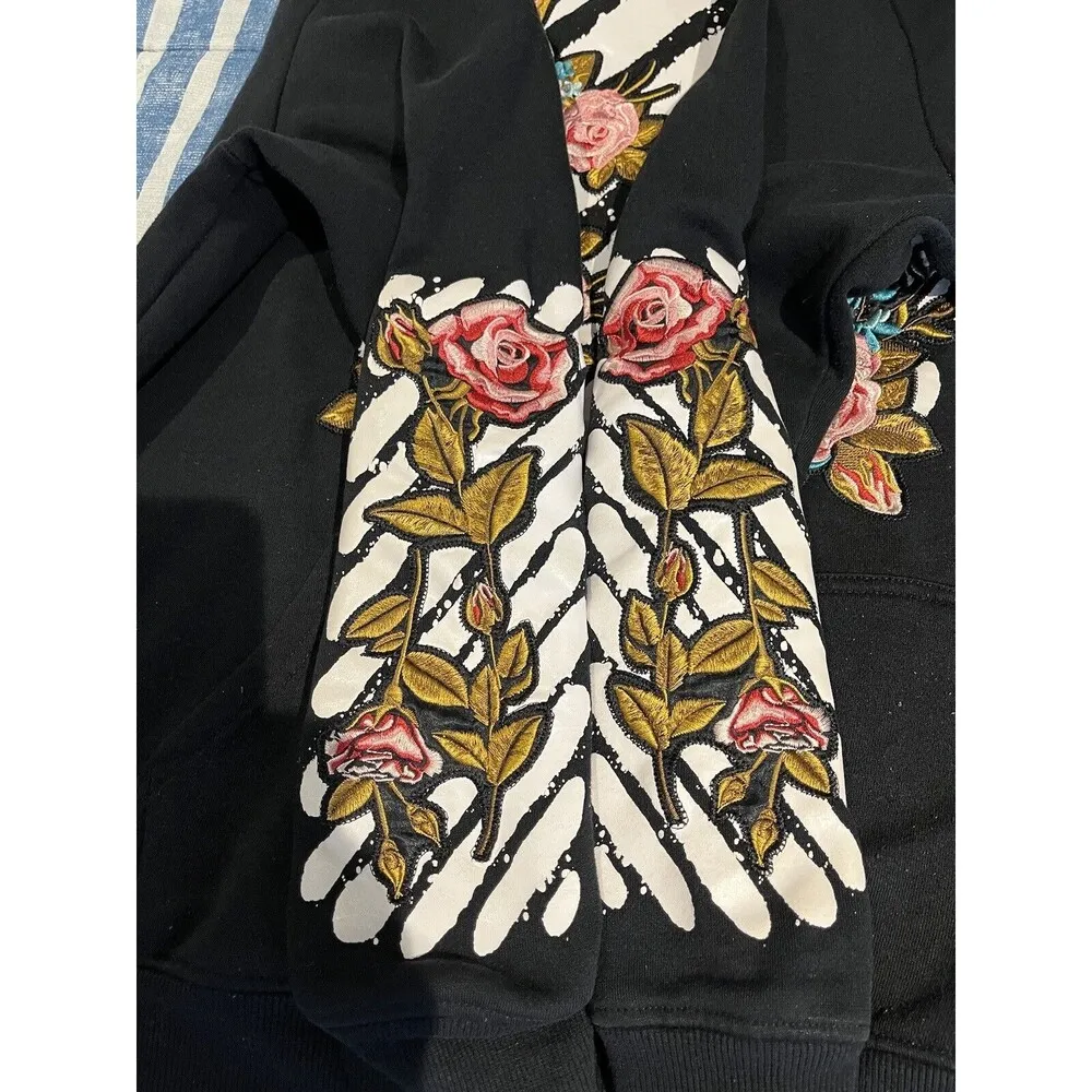 Krisp nyc women's L rose floral embroidered long sleeve hoodie Black Size L - Image 10
