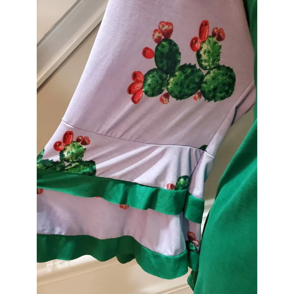 Womens Green & White Cactus Round Neck Long Flare Sleeve Top Blouse Size 3XL - Image 4