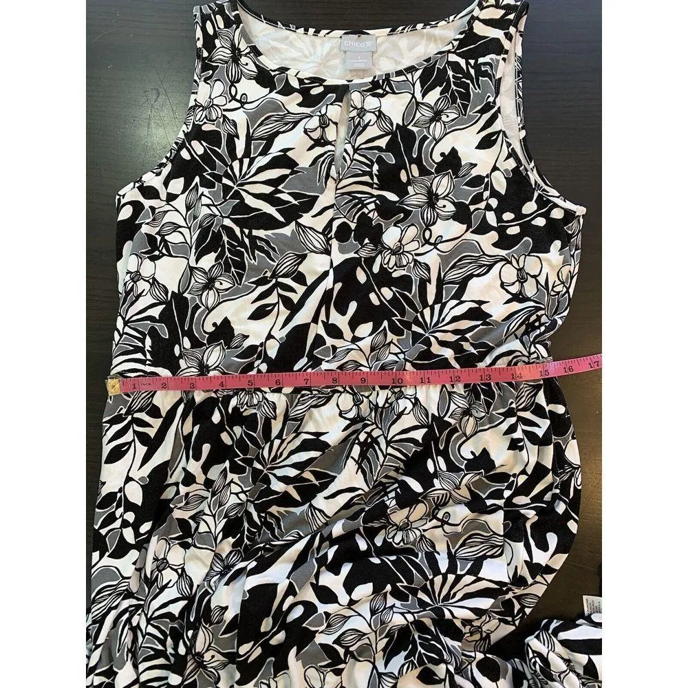 Chicos 1 Maxi Dress Womens Medium Black White Tropical Floral Striped Sleeveless - Image 10