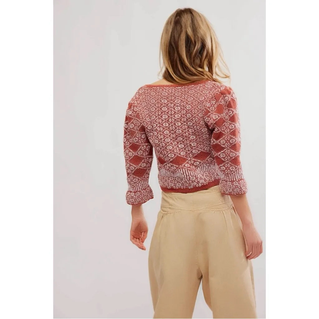 Free People Dainty Cottage Fall Geo Floral Cardigan Sweater Cinnamon Size Large - Image 4