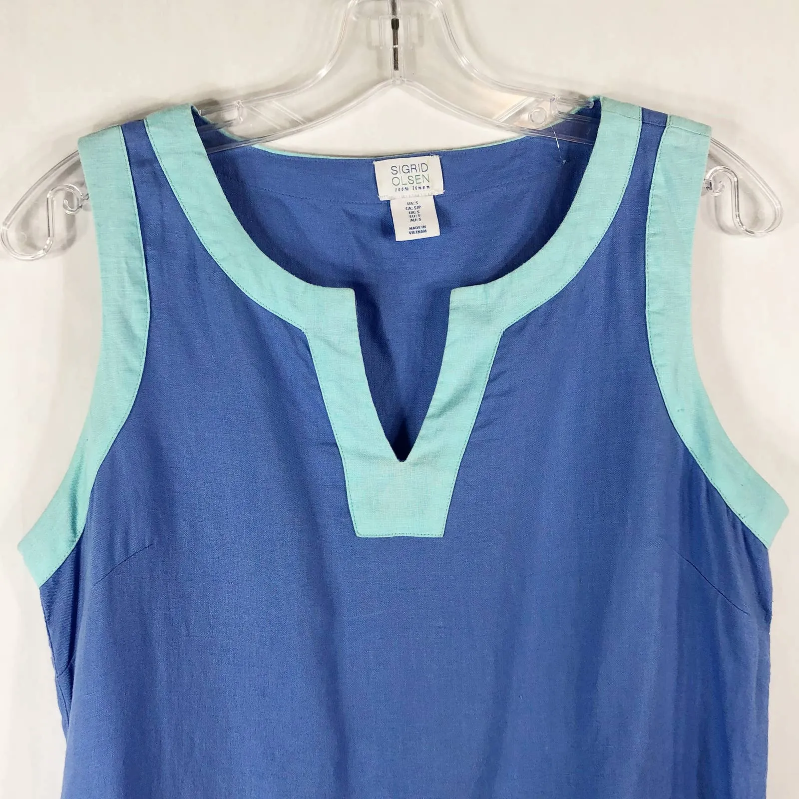 Sigrid Olsen ‎ Small Dress Shift Blue Linen Mini Solid V Neck Sleeveless 139 - Image 4