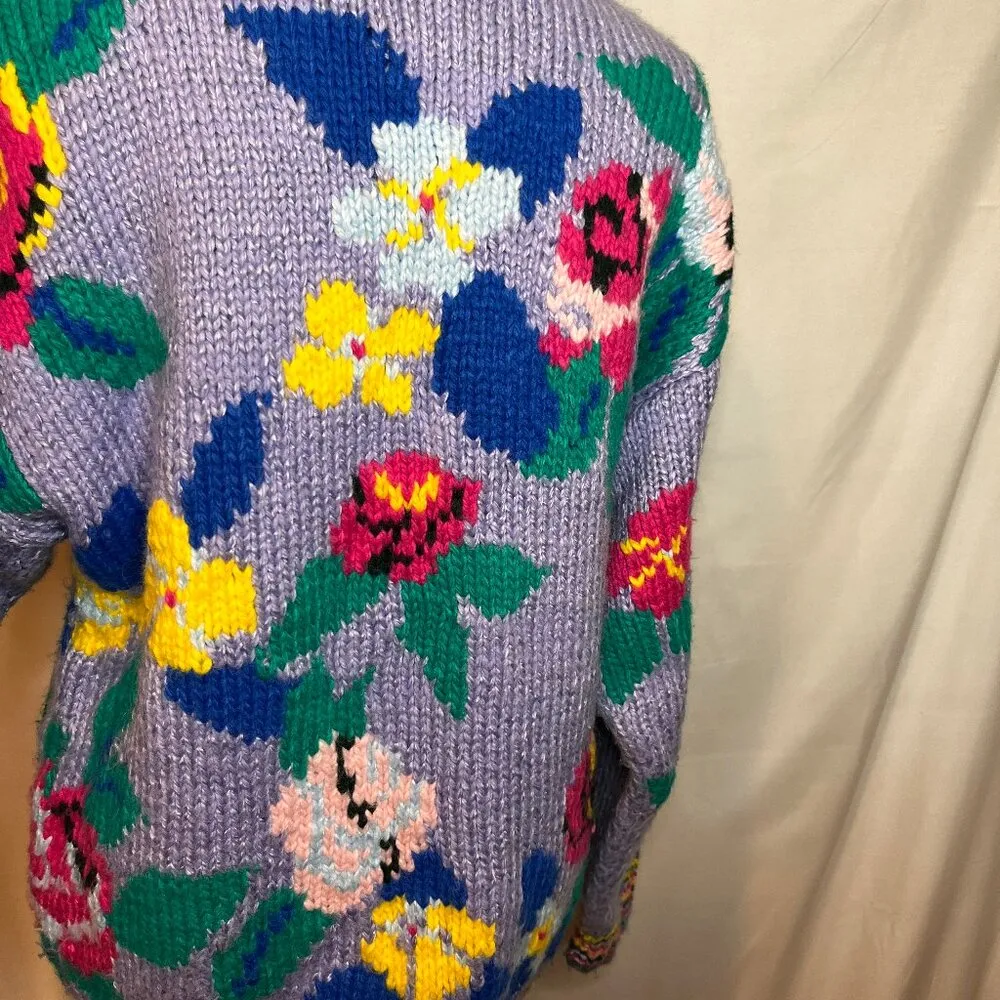 VTG Purple Parrot Floral Chunky All Over Pattern Graphic Sweater Granny 80's Size M - Image 8
