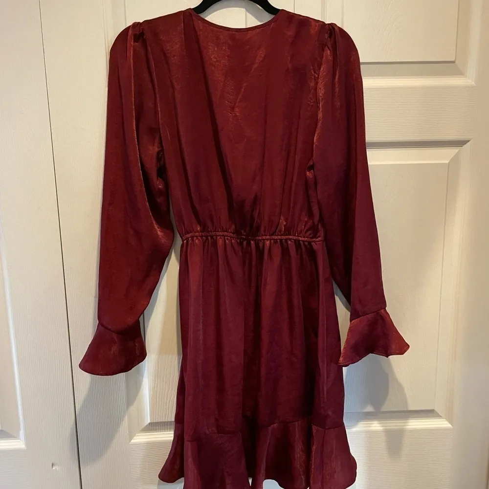 Long Sleeve Deep V-Neck Satin Burgandy Wrap Mini Dress - Image 4