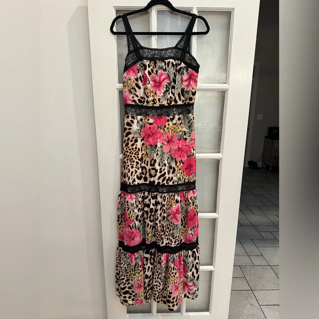 Vintage Boston Proper Y2K Floral Hibiscus Leopard Print Lace Maxi Dress Size 6 - Image 15
