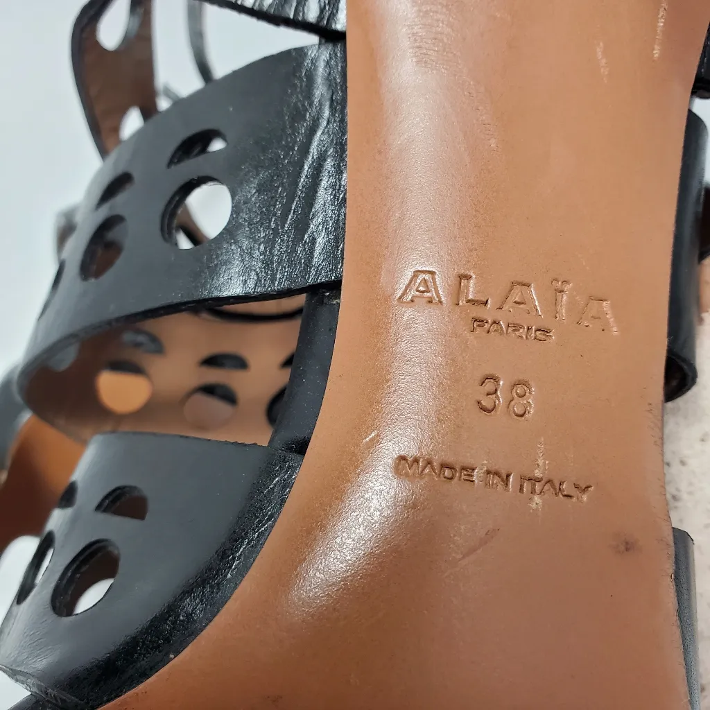 Alaia Black Azzedine Leather Cut Out Ankle Strappy Pumps Heels Sandals Size 38 - Image 9
