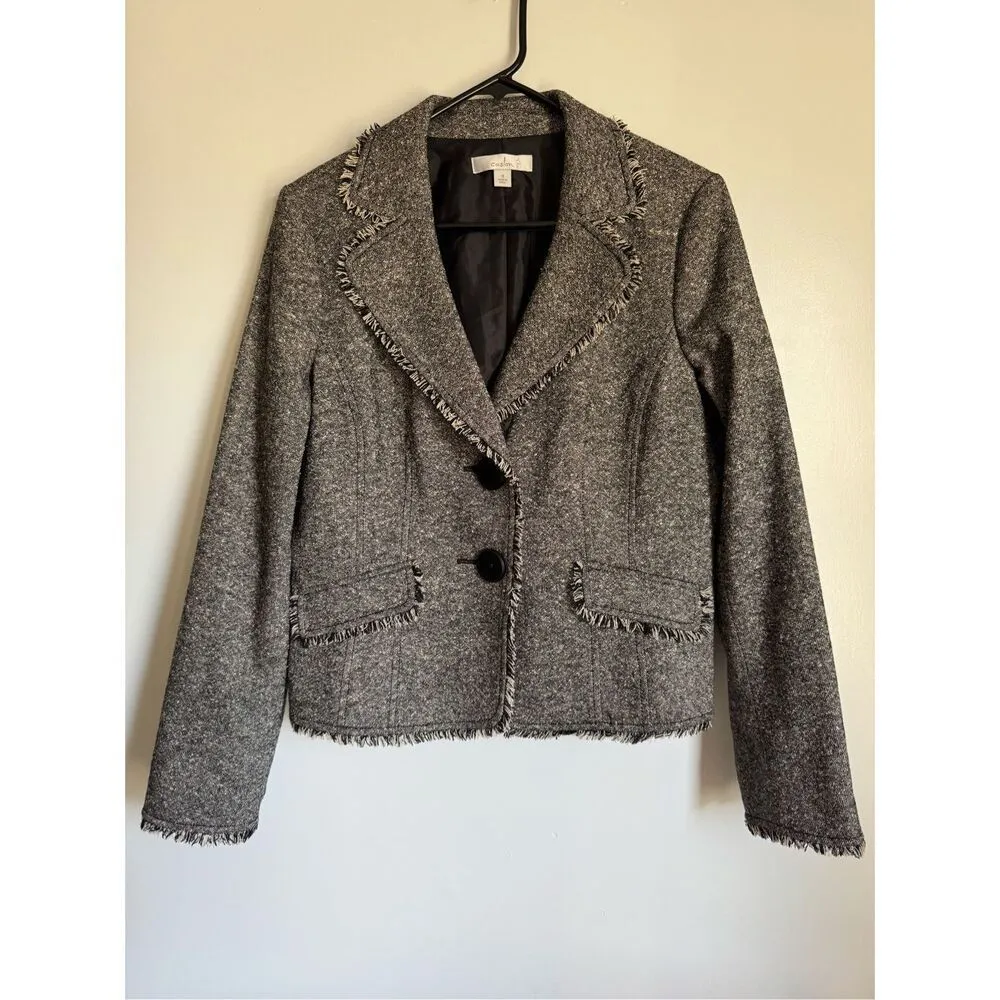 Caslon Womens Silk Wool Fringe Gray Button Blazer Jacket sz 10 career academia - Image 2