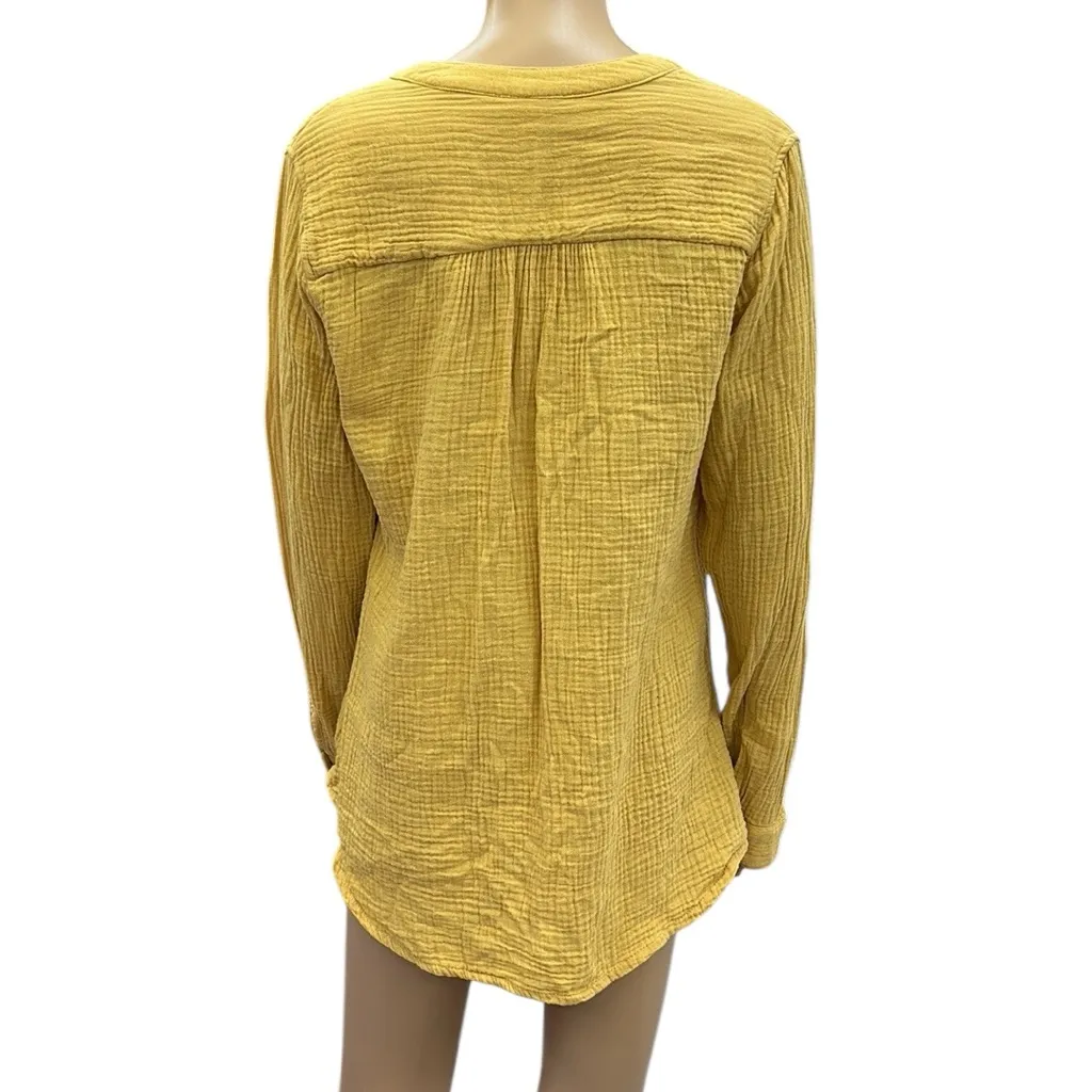 Mote Cotton Mustard Yellow Gauze Split V Neck Double Pocket Long Sleeve Top Sz L Gold Size L - Image 6