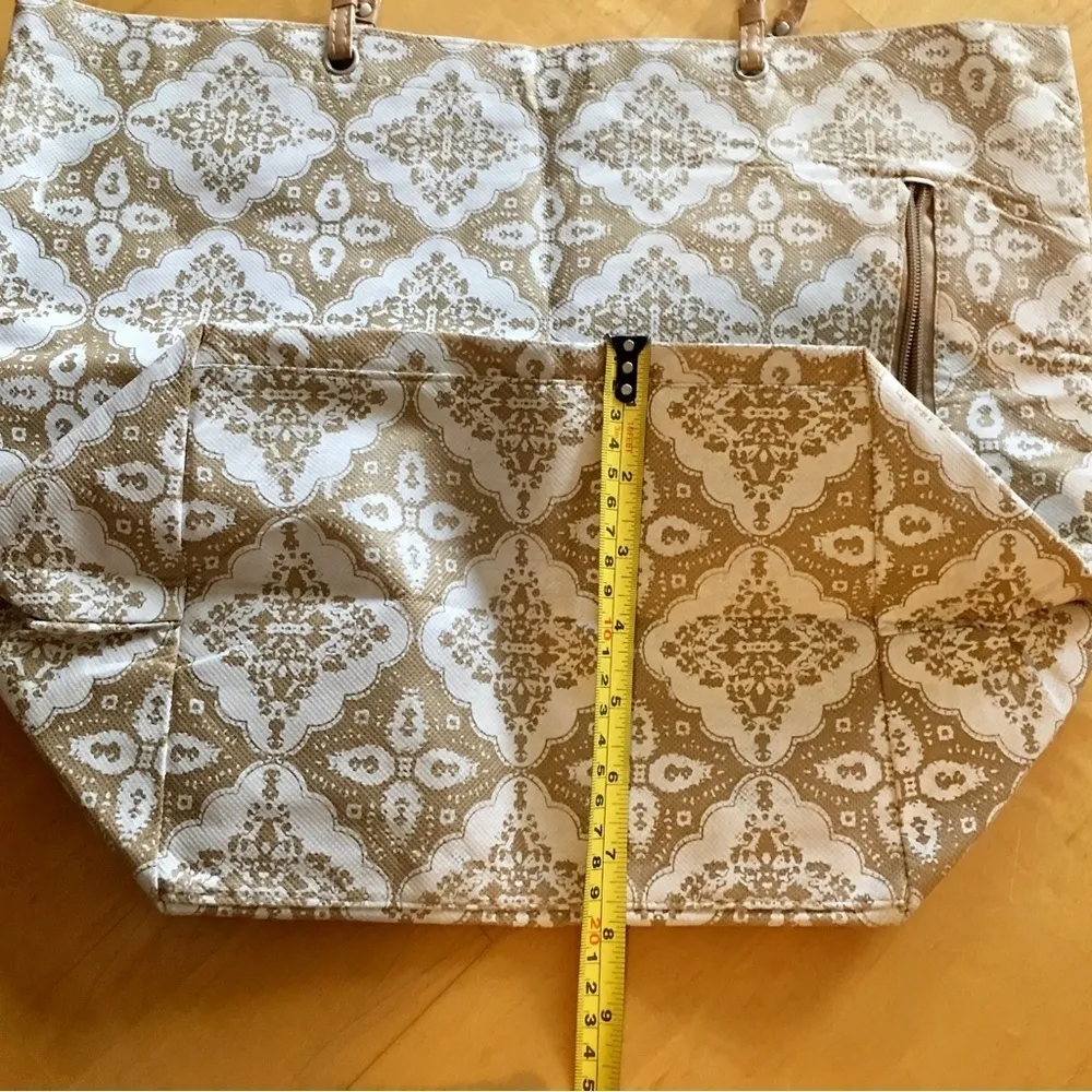Floral Open Top Tote Bag, Leather Straps, Tan, White Tan - Image 9