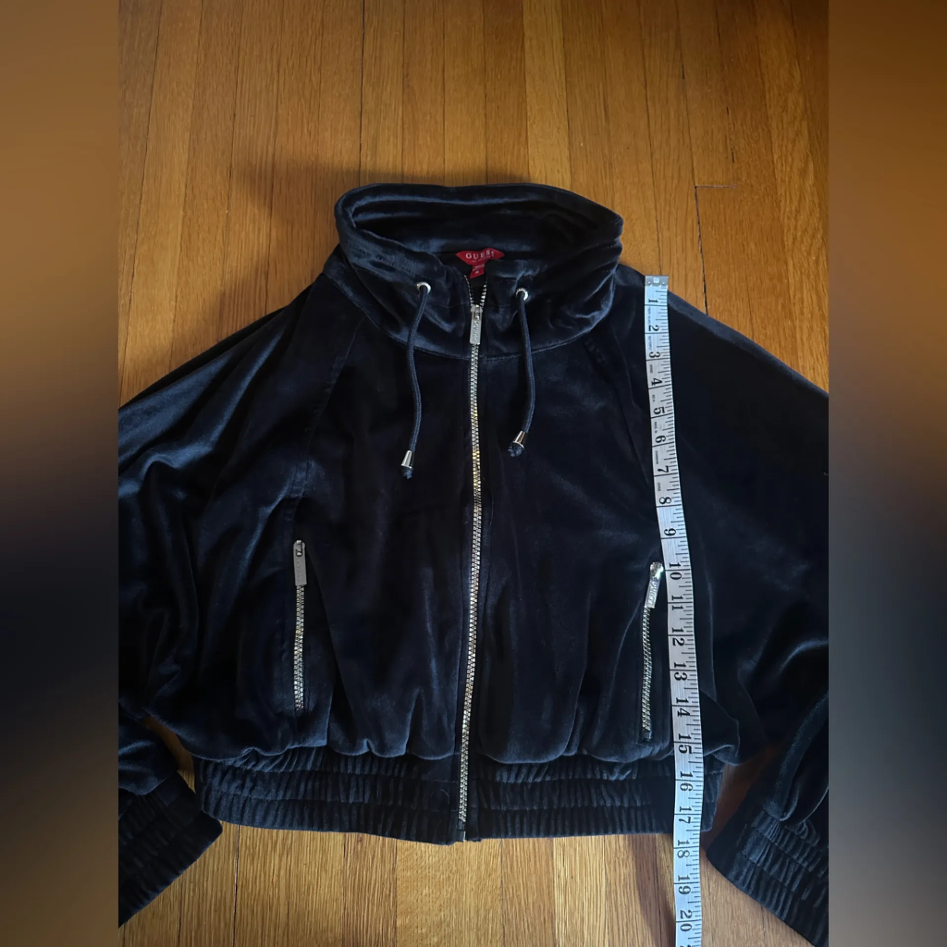 GUESS Black Velour Cropped Zip Up, Size M - Image 2